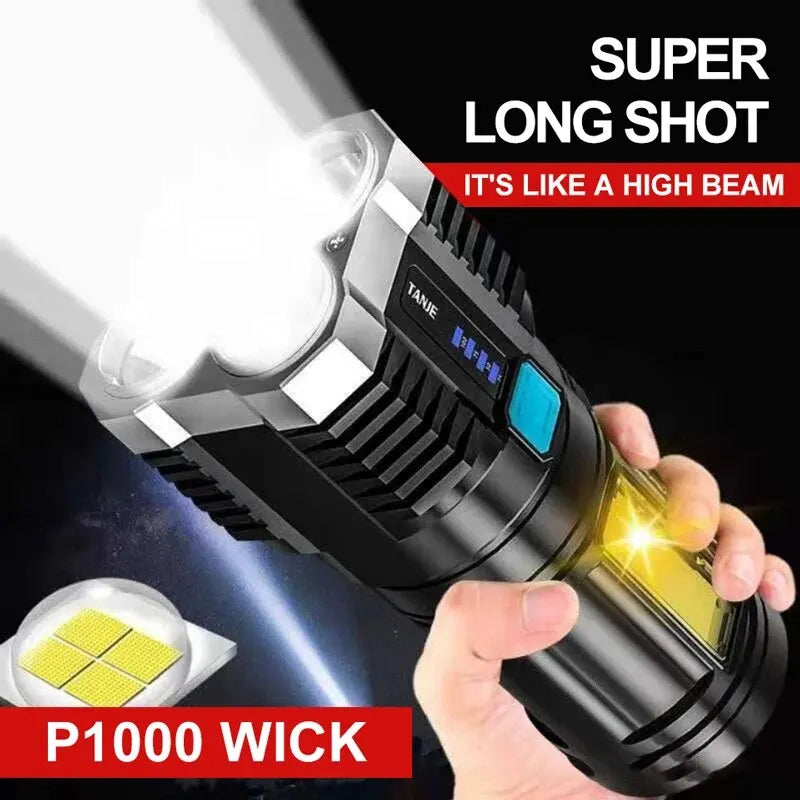 High Power LED Flashlight With 4 Lamp Beads And 4 Lighting Mode Side Light Rechargeable Portable Hand Lantern - Newer-Adventures