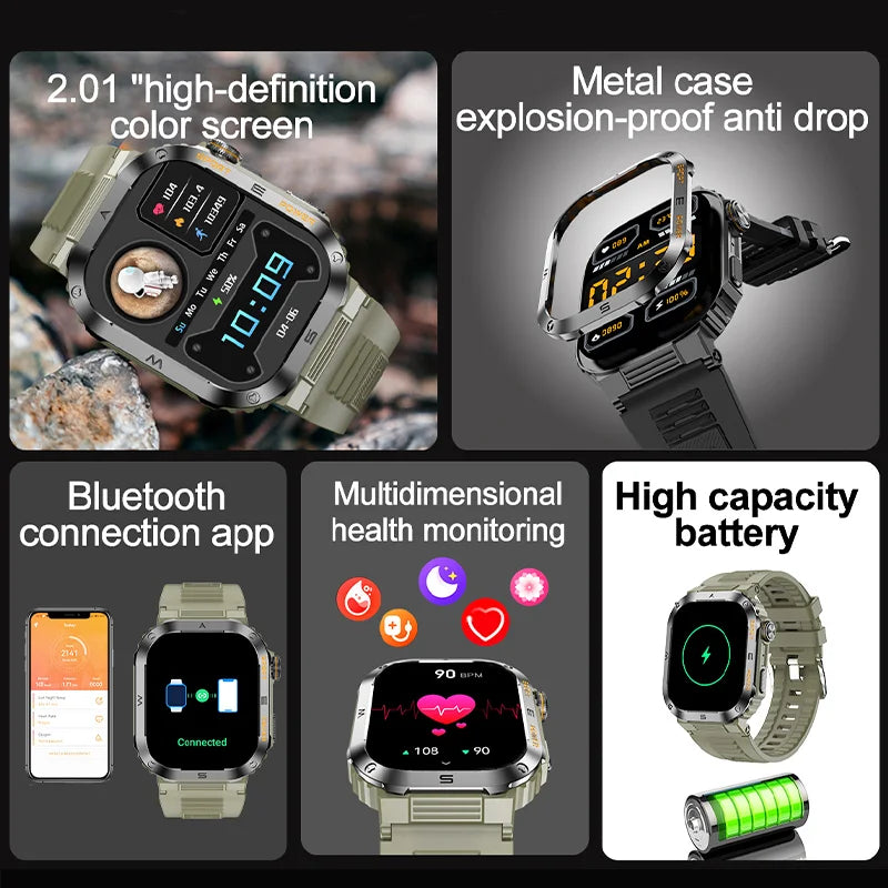 Rugged And Durable Military Smart Watch Ip68 Waterproof 2.01 '' HD Display Bluetooth Voice Smart Watch For Android IOS XIAOMI - Newer-Adventures