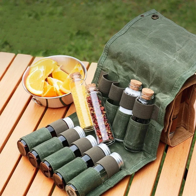 Storage bag with spice bottles